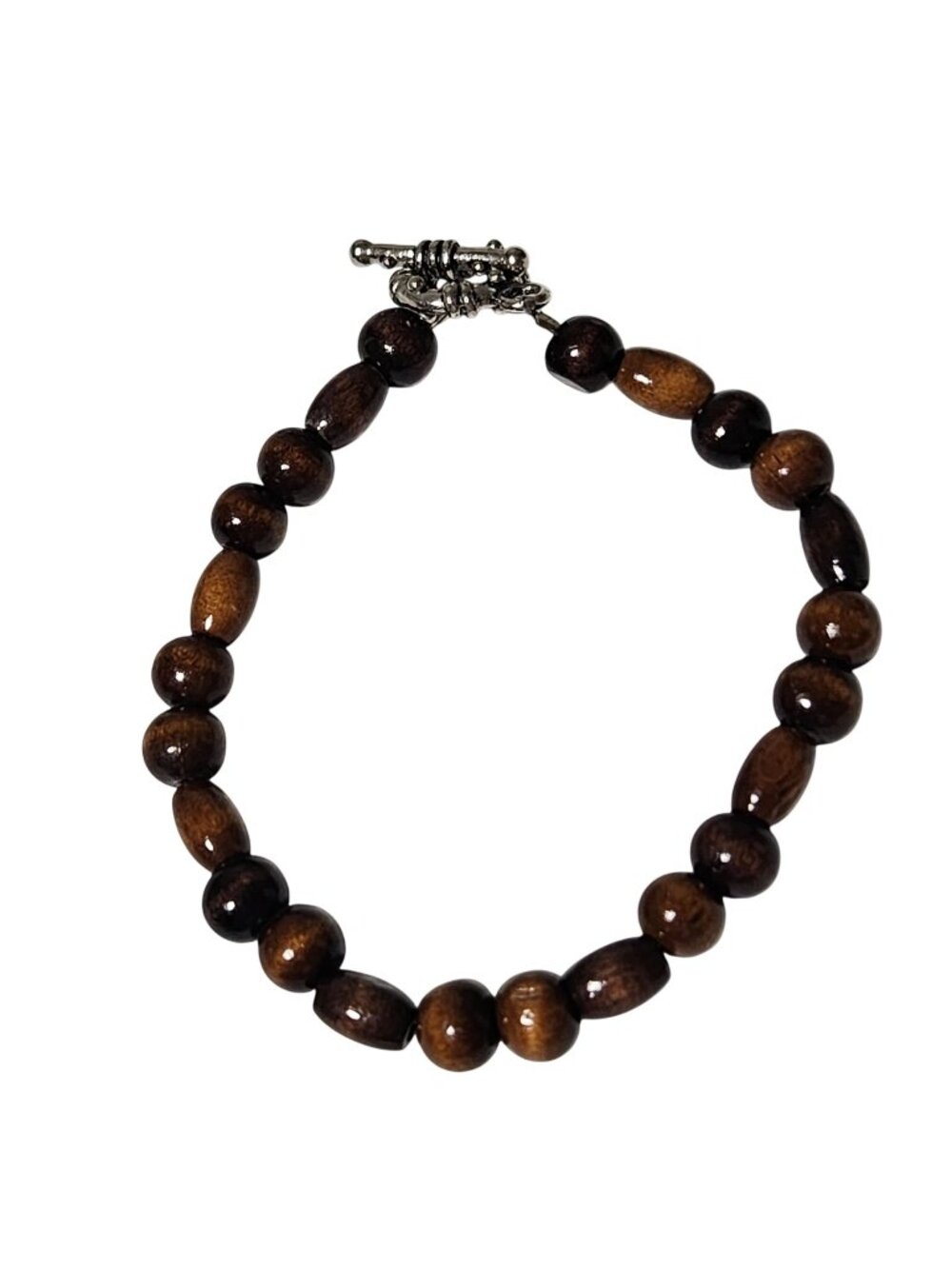 Handmade Wooden Bead Bracelet Silver Tone Toggle Clasp Natural Boho Jewelry